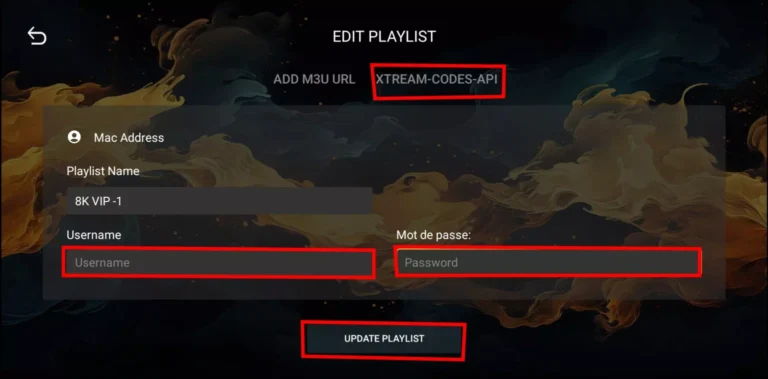 8K Player VIP Edit Playlist screen with Xtream Codes API, username, password and Update Playlist highlighted