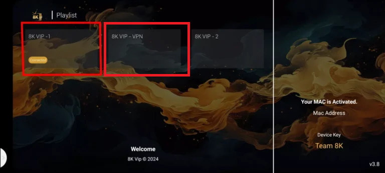8K Player VIP playlist screen with the IPTVORE presets highlighted